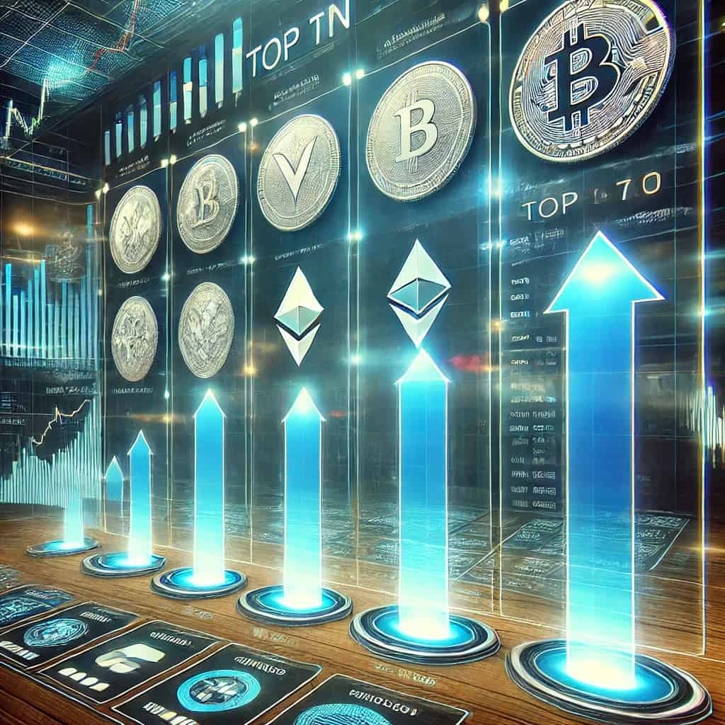 A detailed and vibrant image depicting a ranking of cryptocurrency exchanges. The scene features a digital interface showing a list of the top 10 cryptocurrency exchanges with their logos and ranking positions. The background includes a modern, high-tech environment with digital screens showing charts, graphs, and trading data. Up and down arrows indicate movement in the ranking. The color scheme of blue, green, and white conveys clarity, trust, and modernity.