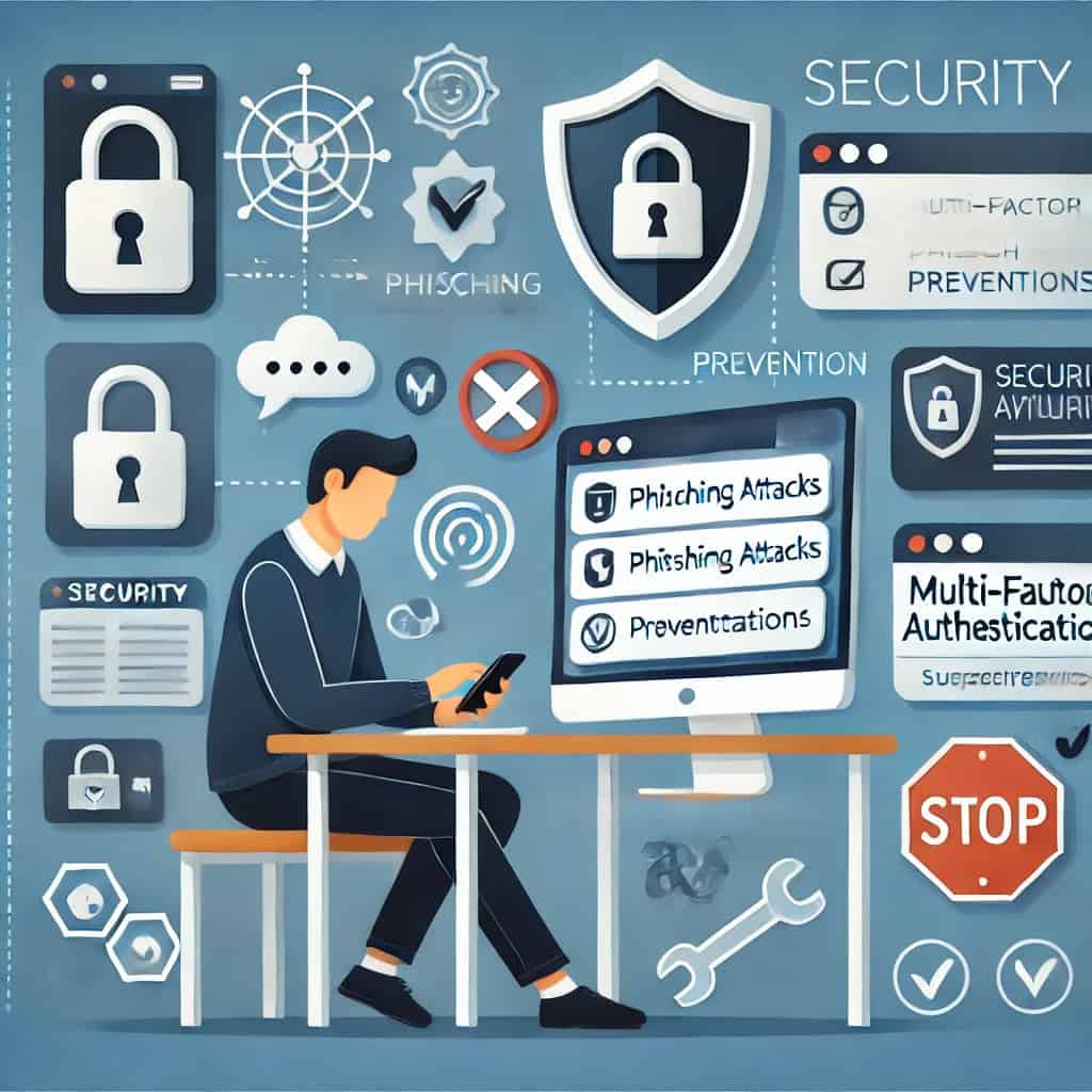 The image shows a person actively preventing phishing attacks using a variety of techniques. The person sits at a desk with a computer showing security warnings and actions. Surrounding them are symbols of security such as shields, padlocks, and checkmarks. They use multi-factor authentication on their phones with cybersecurity icons in the background, identify suspicious emails, and consult security guidelines.