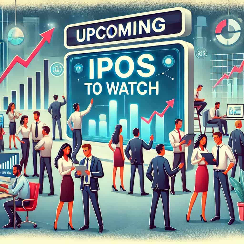 This example focuses on an "upcoming IPO," with a diverse group of investors and analysts looking excited and engaged as they watch a large screen displaying the title. The image includes stock market symbols, rising graphs, and stock charts in a modern office or financial district setting to convey anticipation and optimism.