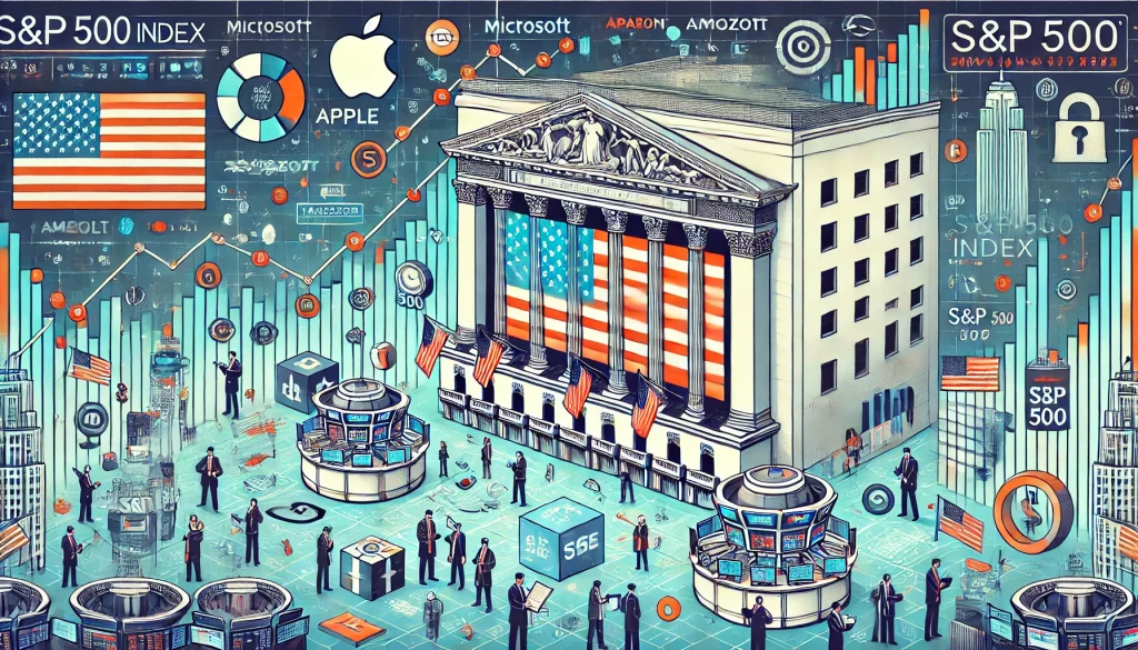 a vibrant and detailed scene centered around U.S. stocks, featuring the New York Stock Exchange (NYSE) building prominently with an American flag displayed on its facade. The visual includes references to major U.S. stock indices like the S&P 500, as well as icons and logos of significant U.S. companies such as Apple and Microsoft. 