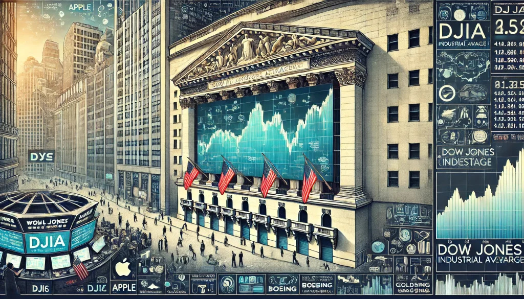 The NYSE building is prominently featured, displaying large digital stock market graphs and surrounded by key data points related to U.S. stocks, including the Dow Jones Industrial Average (DJIA). The scene is set in a bustling financial district, highlighting the significance of U.S. stocks in the global market, with references to major companies like Apple and Boeing integrated into the design. 