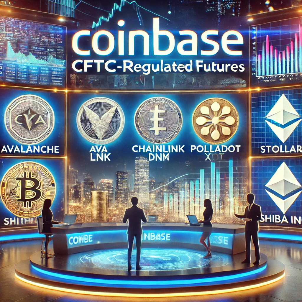 A vibrant financial news studio with the Coinbase logo and digital screens displaying altcoin symbols, informative news anchors, and market trend graphs in the background.