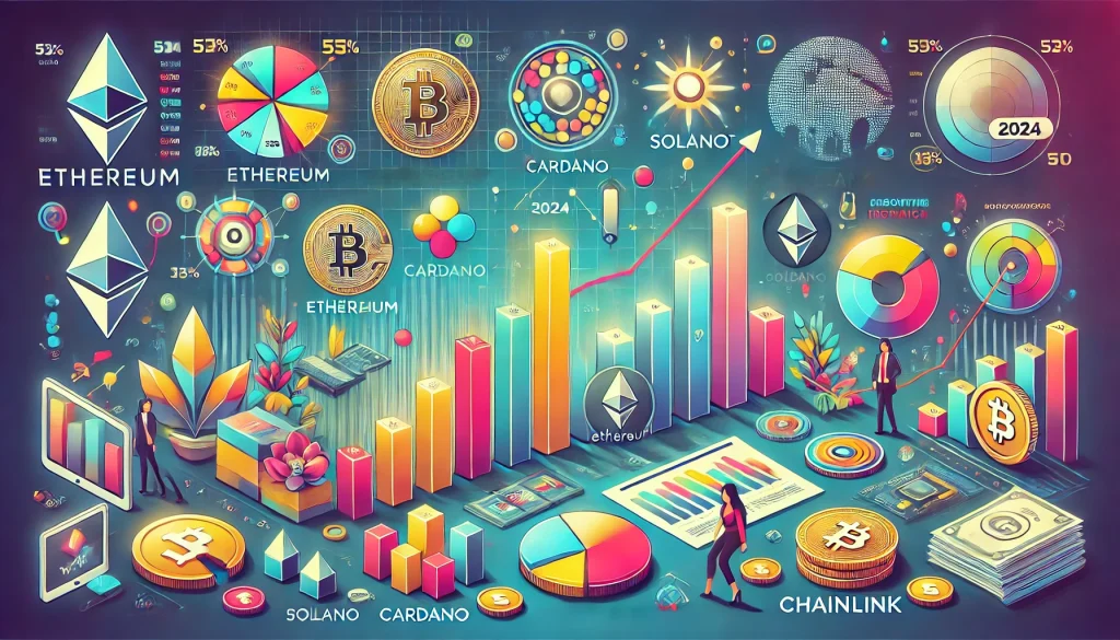 A dynamic infographic showing the growth potential of various altcoins, highlighting key metrics and trends for 2024.