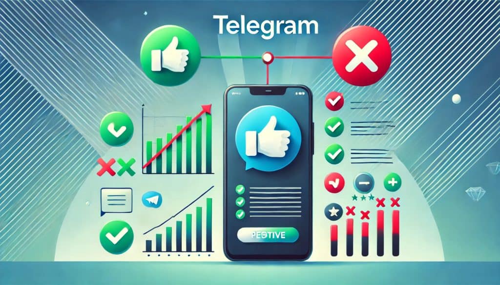 A modern design that illustrates the pros and cons of Telegram. The image shows a smartphone with the Telegram app open, with a green checkmark, thumbs up, and a positive chart on the left representing the pros. On the right, there is a red cross, thumbs down, and a negative chart representing the disadvantages. The background has a blue and white gradient, with "Telegram pros and cons" prominently written across the top.