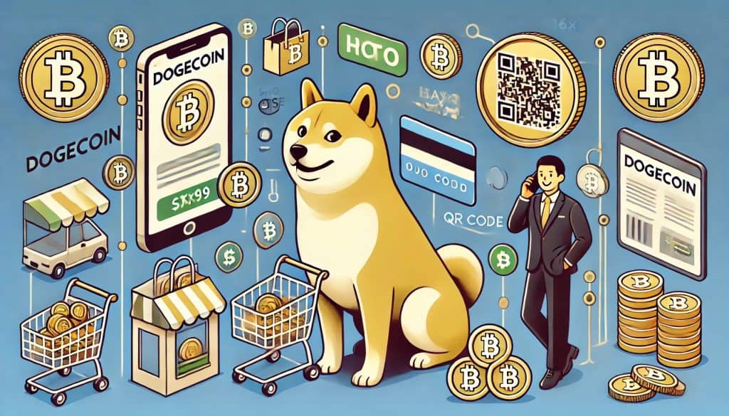 Shiba Inu 개인 Dogecoin 로고와 쇼핑 카트, 온라인 거래, QR 코드와 같은 실용적인 용도를 나타내는 요소를 특징으로 하는 Dogecoin의 사용성에 대한 이미지. 디자인은 사용 편의성과 광범위한 채택을 강조합니다.