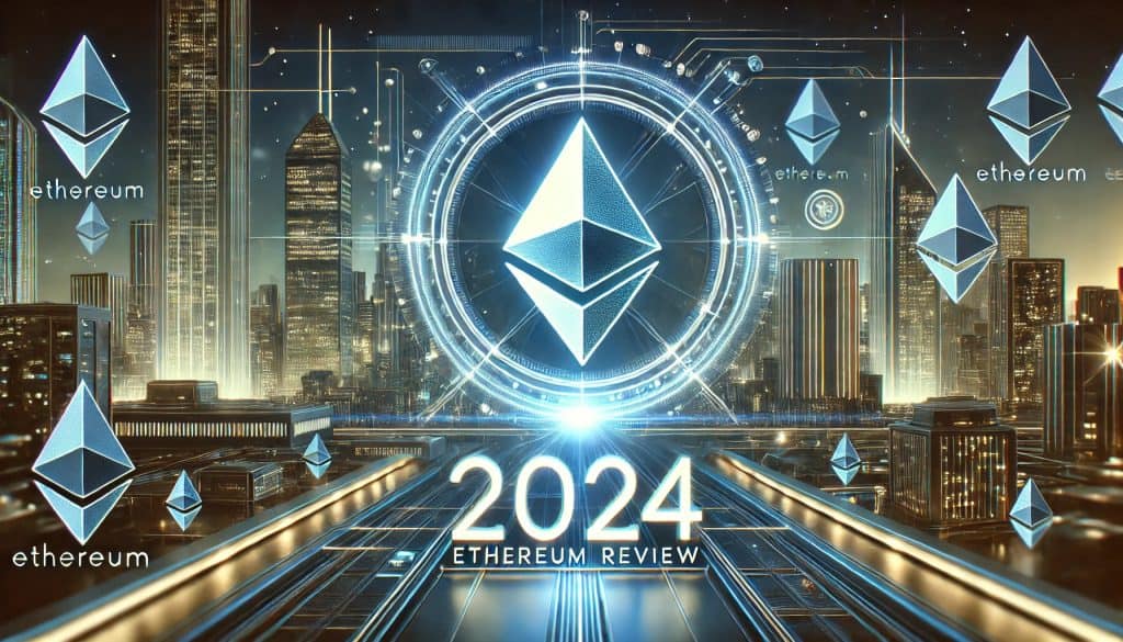 A sleek, futuristic image for an introduction to the 2024 Ethereum Review. The background shows a high-tech cityscape with glowing buildings and holographic displays. The Ethereum logo is prominently featured in the foreground with a digital design. The text "Introducing the Ethereum Review 2024" is displayed in a sleek, tech-inspired font. The color scheme includes blues, silver, and neon accents to create a cutting-edge and innovative feel.