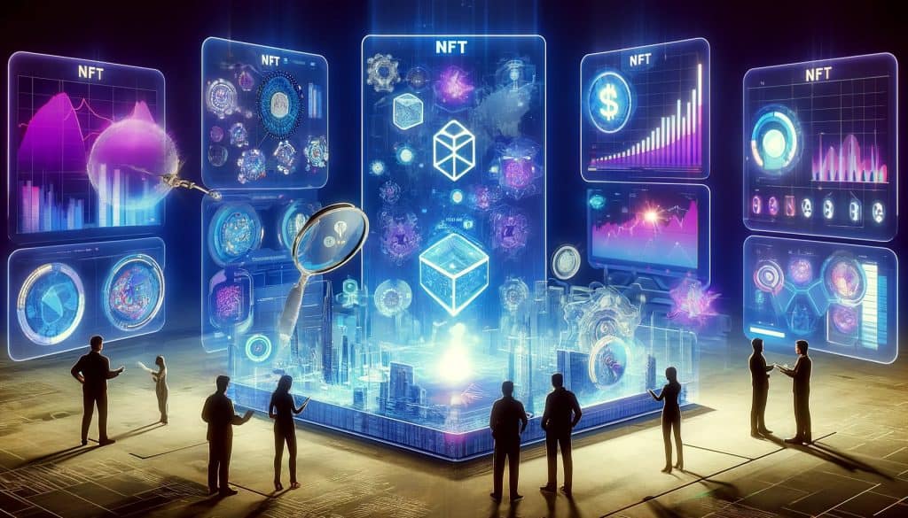 Digital artwork that provides an in-depth analysis of NFT trends in 2024. The image features a futuristic cityscape with a holographic display showing detailed data analysis, charts, and graphs. In the foreground, analysts and technology experts interact with an augmented reality device to explore various aspects of the NFT market. The scene includes interconnected digital assets, blockchain symbols, and magnifying glasses that highlight specific data points. The color palette is a mix of blues, purples, and neon highlights to reflect the high-tech and analytical nature of the subject matter.