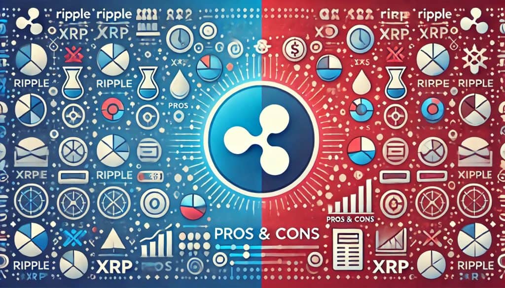 A balanced themed "Ripple (XRP): Pros and Cons" image, with a background divided into blue and red halves representing pros and cons. The Ripple logo uses a clean, modern design with digital finance elements, centered on icons representing pros on the blue side and cons on the red side.