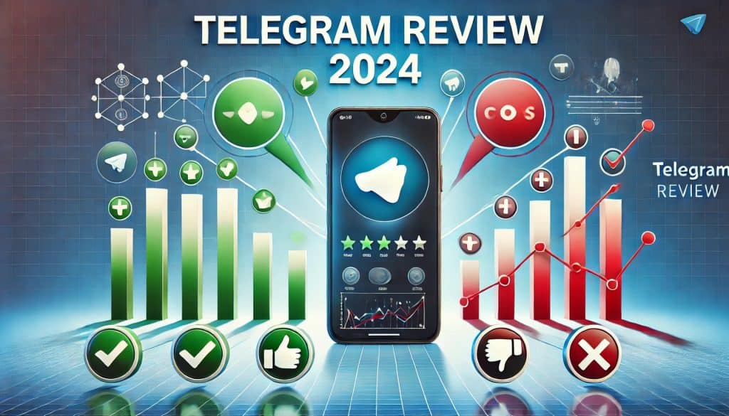 A sleek, modern design showing Telegram reviews in 2024. The image features a smartphone displaying the Telegram app surrounded by symbols representing pros and cons. One side has a green checkmark, thumbs up, and a positive graph, while the other side has a red cross, thumbs down, and a negative graph. The background is a gradient of blue and white, with the bold title "Telegram Reviews 2024" at the top.