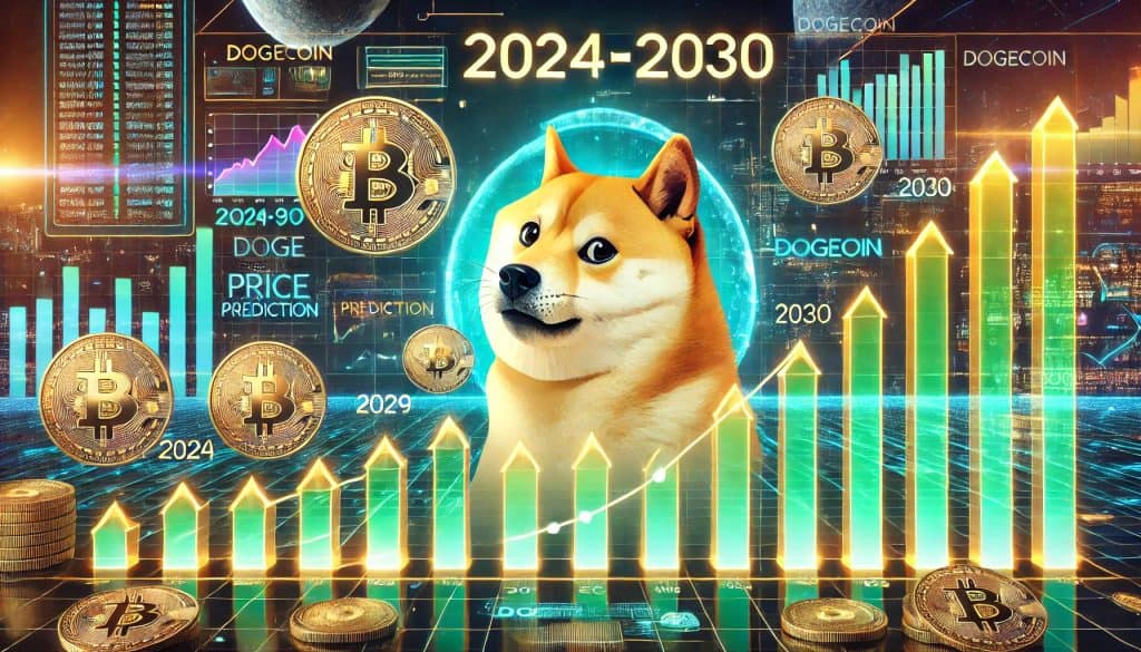 An image for the Dogecoin price prediction from 2024 to 2030, featuring the Dogecoin logo, a Shiba Inu dog, and graphic elements representing growth and prediction. The text "Dogecoin Price Prediction (2024-2030)" is clearly visible.