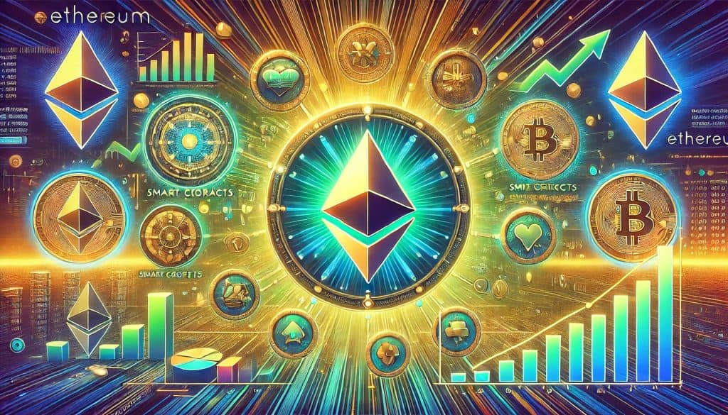 A dynamic image showing the growth and development of Ethereum. In the background is a timeline with key milestones from its inception to recent developments. The central Ethereum logo is surrounded by icons symbolizing blockchain technology, smart contracts, and decentralized applications. The scene is intense with colors like green, blue, and gold, which represent progress and innovation. Arrows and an upward trending graph represent growth and expansion.