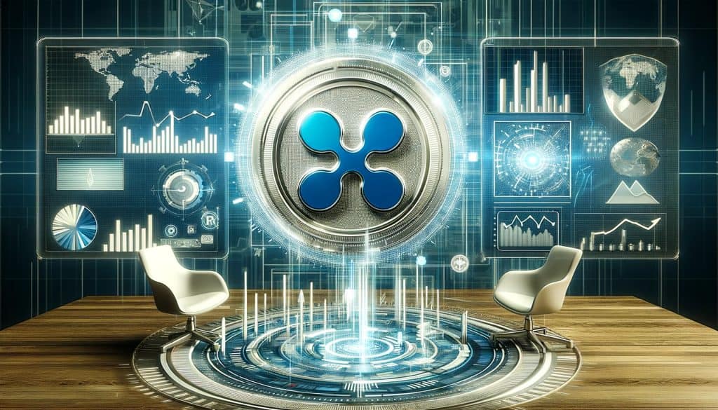 Professional and modern image for "Ripple (XRP) Review 2024: Insights & Predictions" with a futuristic finance theme. The Ripple logo is prominently displayed alongside charts, graphs, and digital finance icons in blue, white, and silver tones representing insights and predictions for 2024.