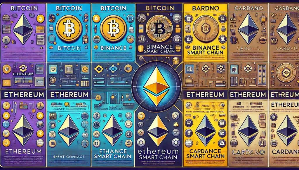 A comparison image highlighting Ethereum and its competitors. The background is divided into sections representing various competitors, including Bitcoin, Binance Smart Chain, Cardano, and others. Each section includes the logo, key features, and strengths of that platform. In the center, Ethereum's logo and highlights are prominently displayed, along with smart contracts and decentralized applications. The color scheme uses contrasting colors to differentiate each section, providing a professional and informative design.