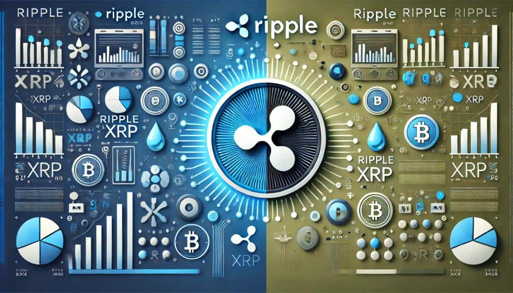 분리된 테마의 '리플(XRP) 비교' 이미지(비교). 배경에는 비교를 나타내는 파란색과 녹색이 대비되어 있습니다. 리플 로고가 한쪽에 있고 다른 암호화폐의 상징과 아이콘이 반대편에 있습니다. 비교를 설명하기 위해 차트, 그래프, 금융 아이콘 등이 디자인에 포함되어 있습니다.