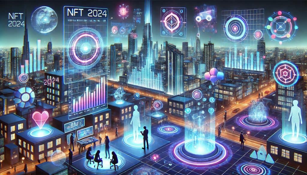 A futuristic digital artwork highlighting key developments and predictions for the NFT space in 2024. The image includes a holographic cityscape with digital assets floating as glowing icons, vibrant neon charts and graphs showing data trends, and a tech enthusiast using an augmented reality device to explore an NFT collection. The design is sleek and modern with a palette of blue, purple, and neon highlights, emphasizing innovation and cutting-edge technology.