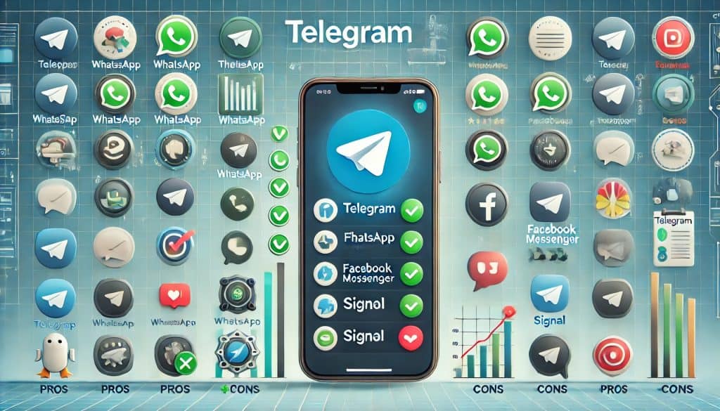 Compare Telegram to other messaging platforms. The image shows a smartphone displaying the Telegram app alongside icons for other popular messaging apps, such as WhatsApp, Facebook Messenger, and Signal. Comparison charts and graphs show various features and performance metrics. The background has a tech-themed design, with "Telegram comparison" prominently written across the top. Each app icon has a pro/con symbol with a green checkmark and a red cross.