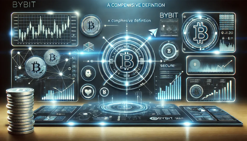 Bybit platform overview with trading charts, digital coins, and secure transaction icons