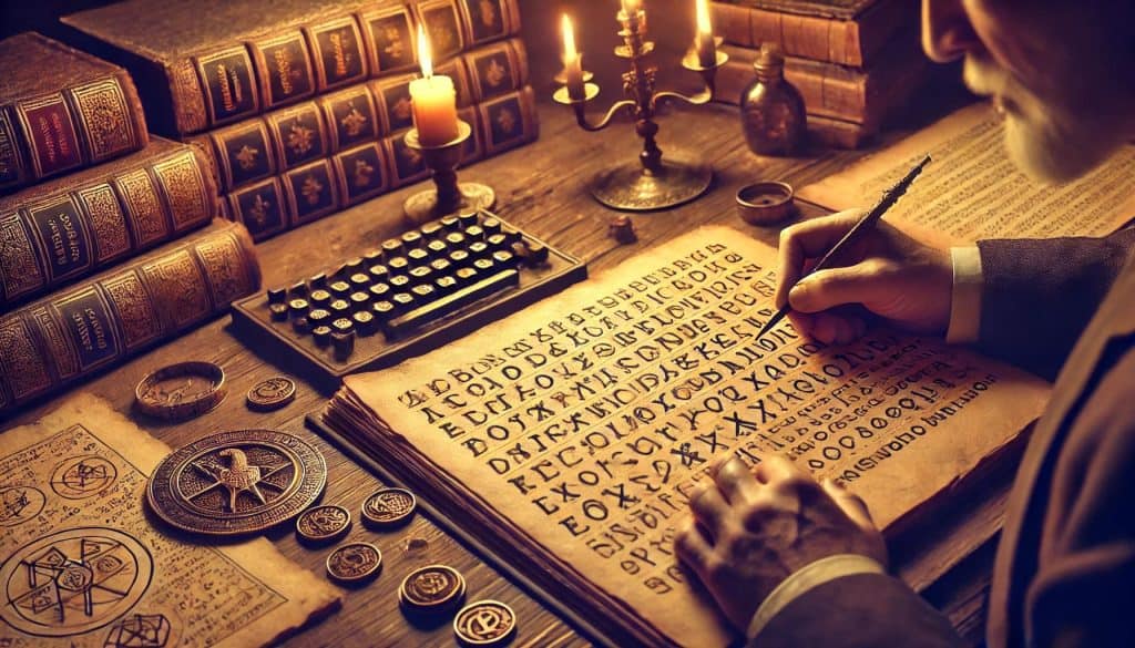 Early end-to-end encryption ciphers, ancient manuscripts with encrypted messages, and scholars deciphering by candlelight.