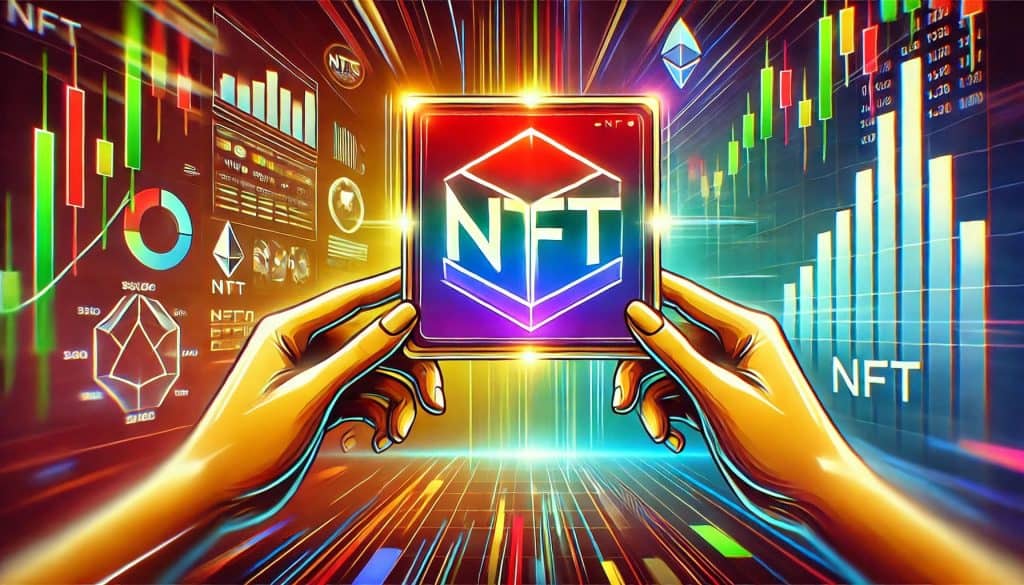 Vibrant vector art, bold lines, dynamic shapes, and extreme close-up views of non-fungible tokens (NFTs).