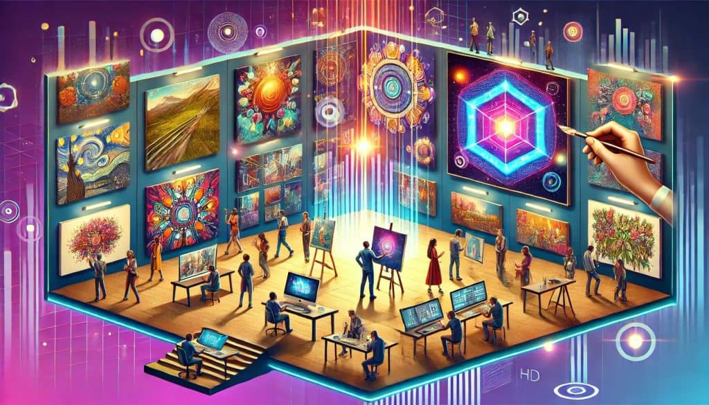 A vibrant digital illustration showcasing the impact of non-fungible tokens (NFTs) on the art world, featuring a variety of digital artworks in a contemporary gallery setting, artists creating and selling their work, and collectors holding digital art.