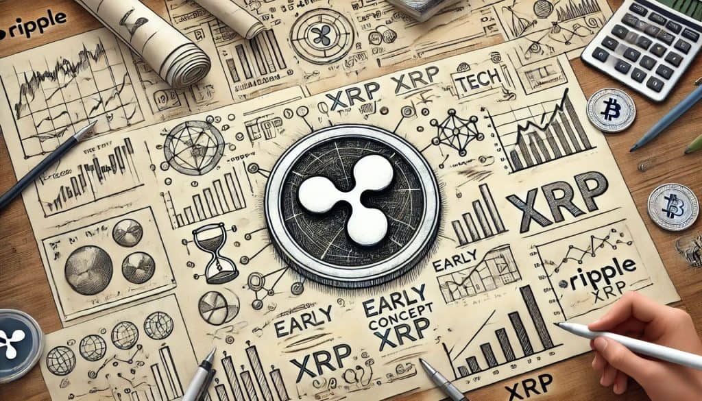 An early concept design for Ripple (XRP) featuring a hand-drawn logo on a whiteboard with sketches and notes.