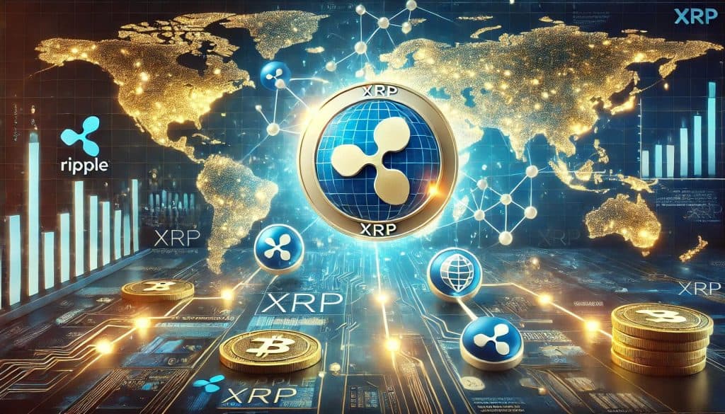 A futuristic depiction of Ripple (XRP) enabling cross-border payments and digital XRP coins being transferred between different countries.