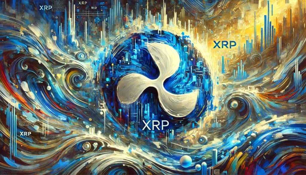 리플(XRP) 로고의 추상적인 그림, 활기찬 블루스와 실버, 역동적인 붓 놀림.