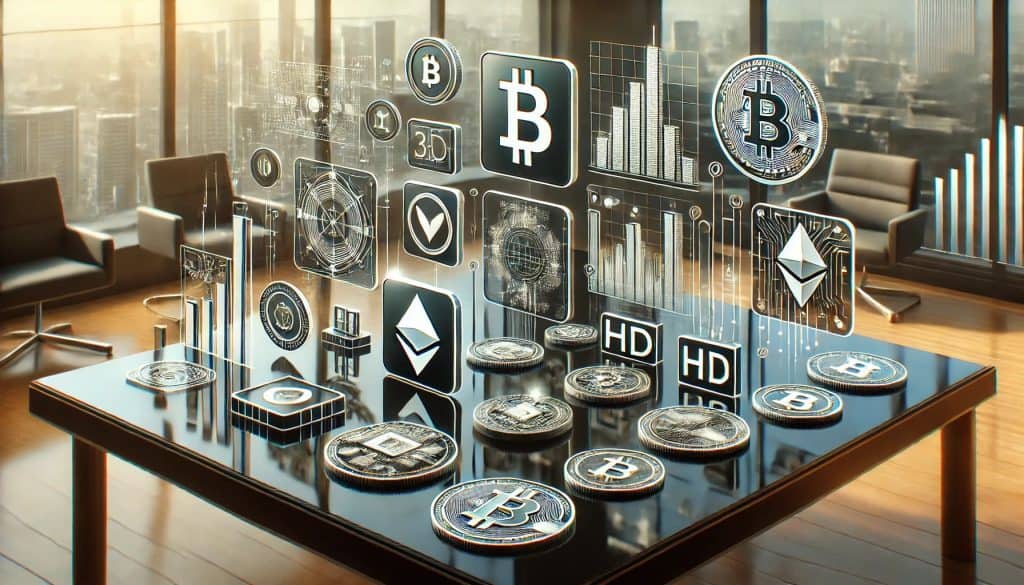 A sleek black glass table displays 3D renders of various crypto assets, each represented by a unique icon.