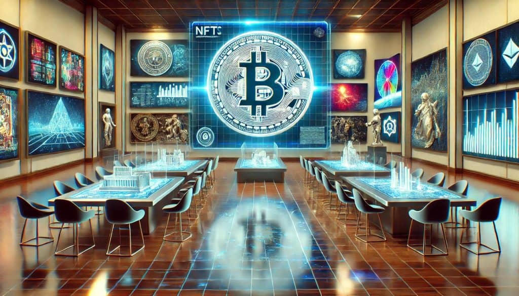 A futuristic concept of crypto-assets and non-fungible tokens (NFTs) that showcases various digital artworks and collectibles in a virtual gallery.