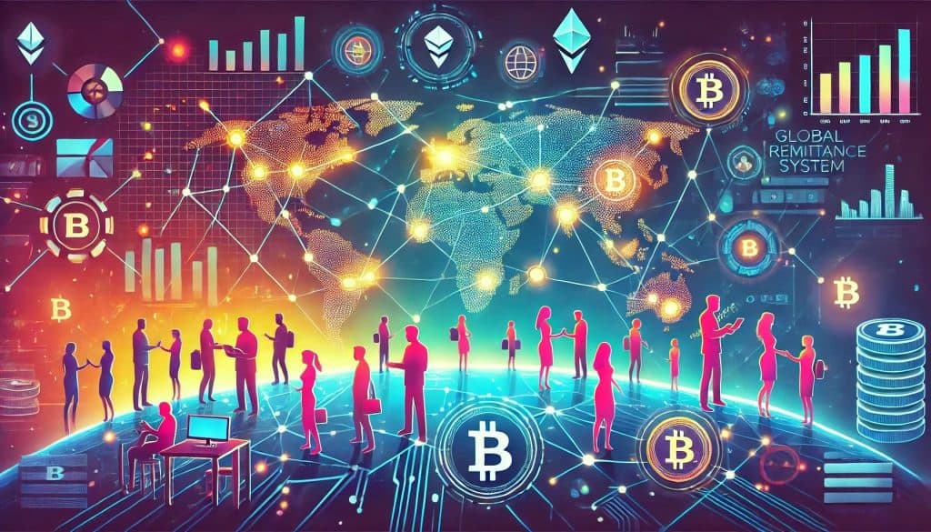 An example of a global remittance system based on crypto assets showing people in different countries connected through a blockchain network.