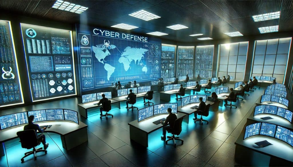 A state-of-the-art cybersecurity control room with big screens. Analysts are hard at work detecting and preventing threats.