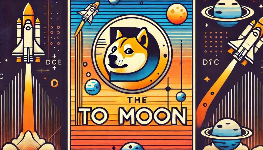 Modern graphic design poster of Dogecoin with minimalist style, bold lines, and geometric shiba inu dog.