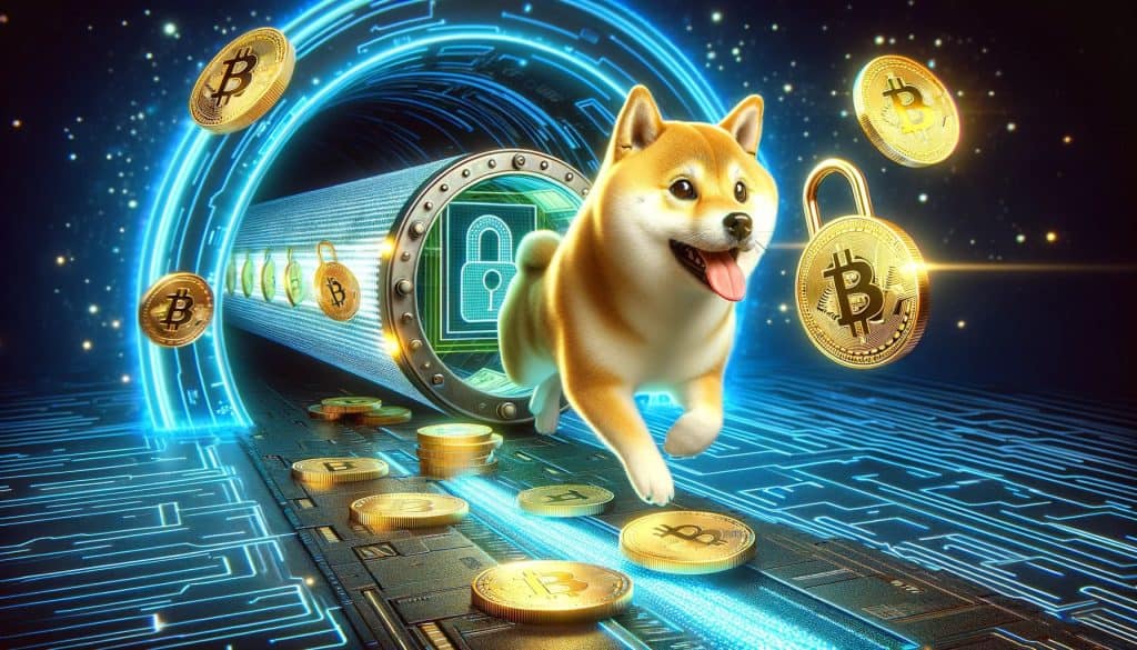 A 3D rendering of the Dogecoin transaction process, showing a Shiba Inu dog sending Dogecoin through a secure digital tunnel with a lock and key symbol to indicate security.