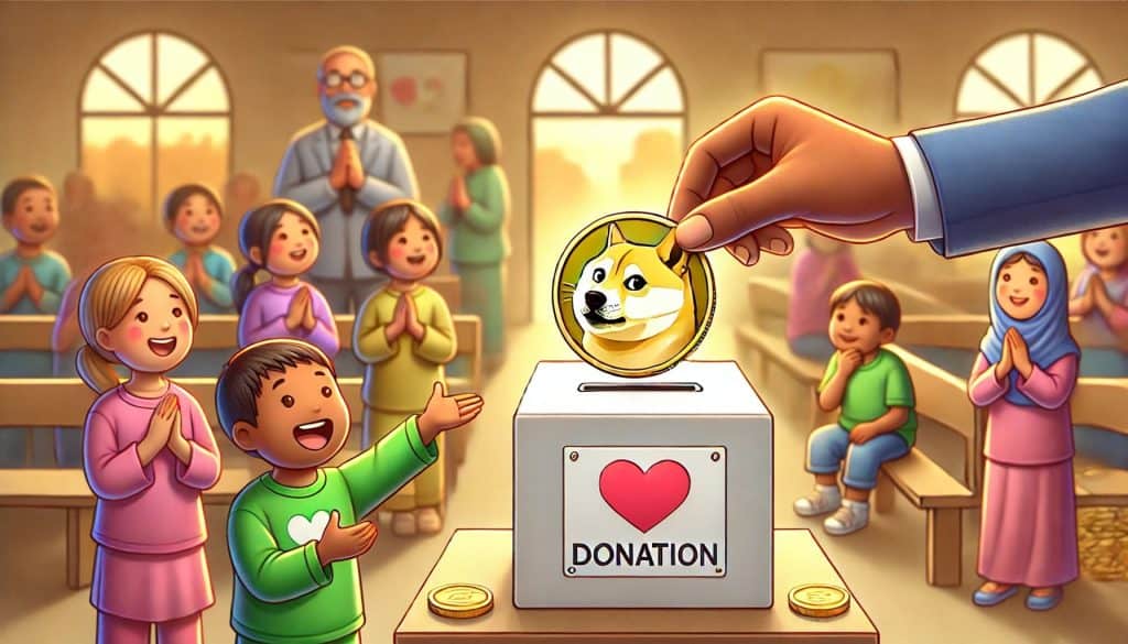 A heartwarming illustration of Dogecoin being used for charitable donations. A hand holding a dogecoin is stretched towards a donation box with a heart symbol, surrounded by smiling children.