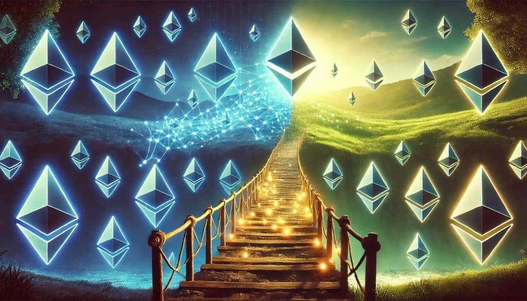 Conceptual artwork illustrating Ethereum's (ETH) transition to Proof of Stake.