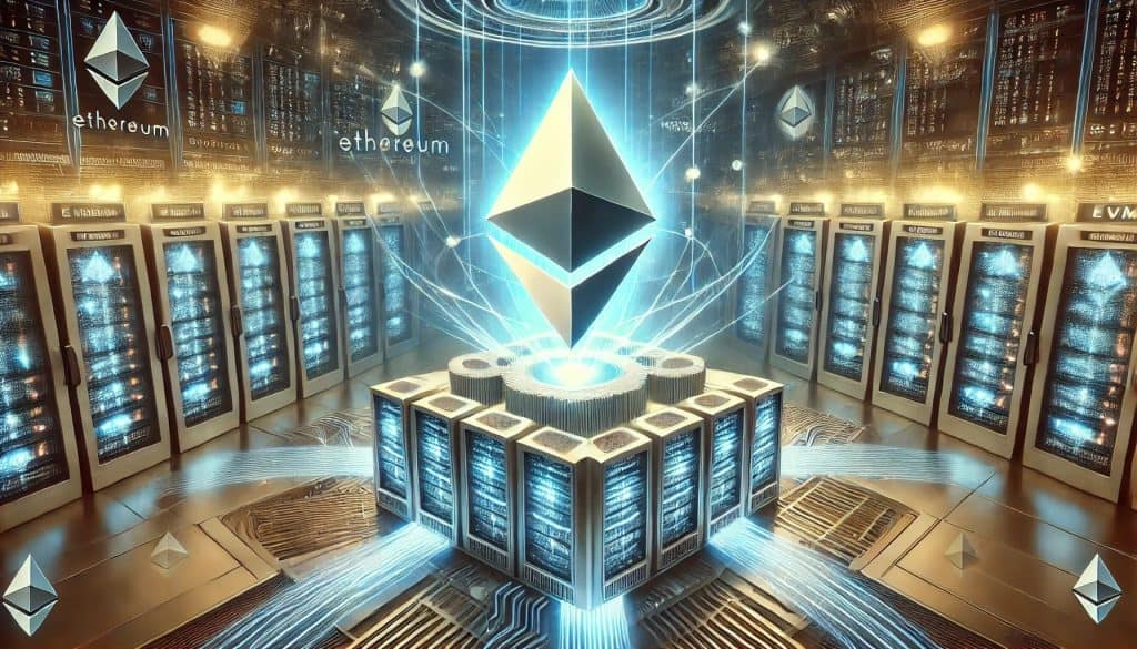 Conceptual artwork depicting an Ethereum (ETH) virtual machine (EVM).