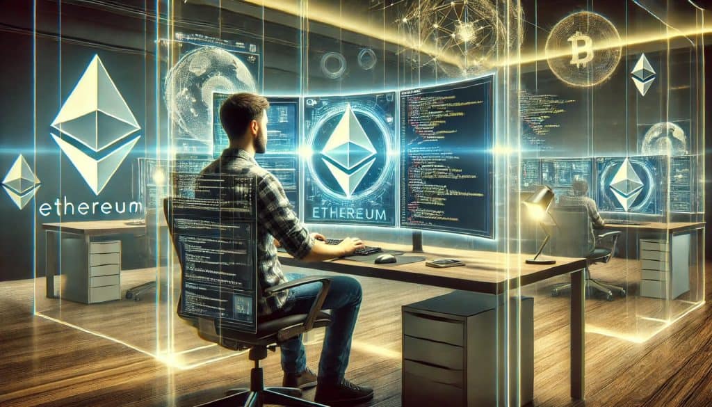 A digital painting of a developer coding an Ethereum (ETH) smart contract.