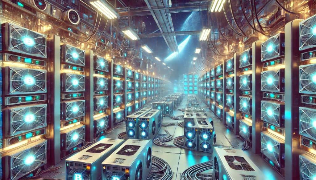 Digital artwork of a Bitcoin mining farm, rows of high-performance computers, bright LED lights, neatly organized cables, and a large industrial warehouse.