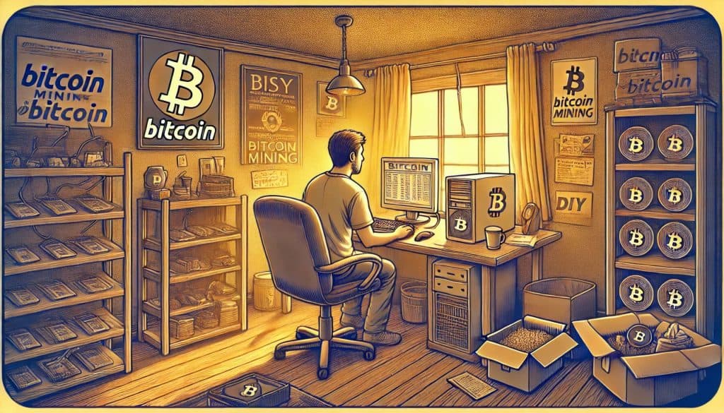 An early example of Bitcoin mining showing a single person in a home office environment using a personal computer with basic mining software.