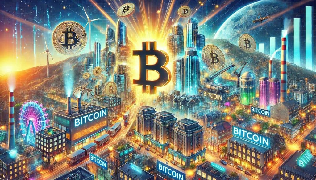 A scene of the economic impact of Bitcoin mining, showing a city bustling with new tech startups, modern buildings, and financial growth fueled by cryptocurrency.