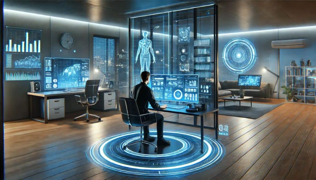 3D render of a person working remotely in an ultra-modern home office. High-tech gadgets and holographic screens.