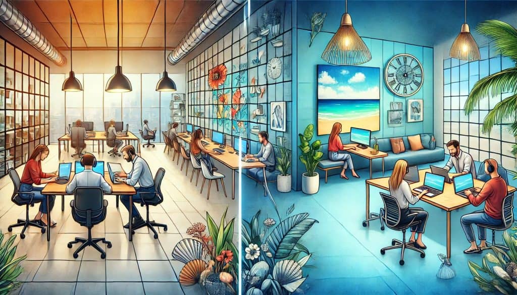 A digital illustration contrasting remote and hybrid work environments, one showing an employee working with coworkers in a modern office and the other showing an employee working remotely from a sleek home office.