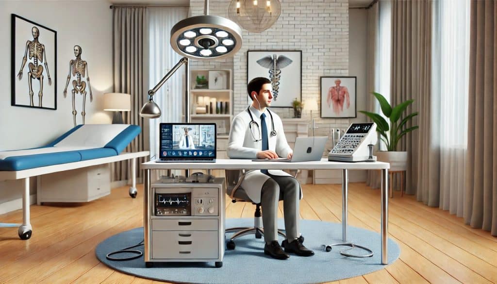 3D render of a healthcare professional working remotely, providing telemedicine services from a home office, with medical equipment and professional background visible.