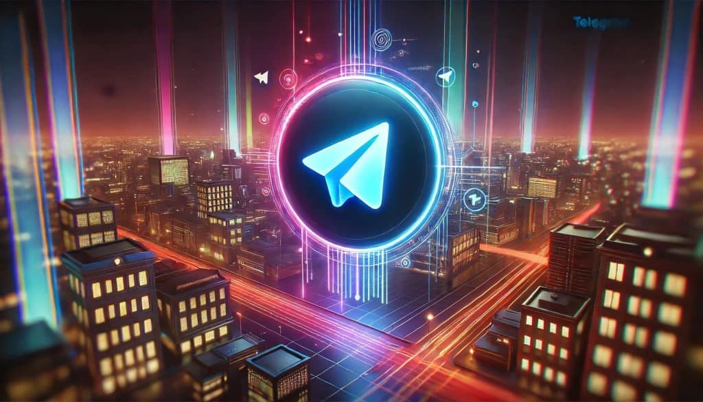 A digital painting of the Telegram logo with a sleek, modern design, set against a vibrant, glowing cityscape at night.