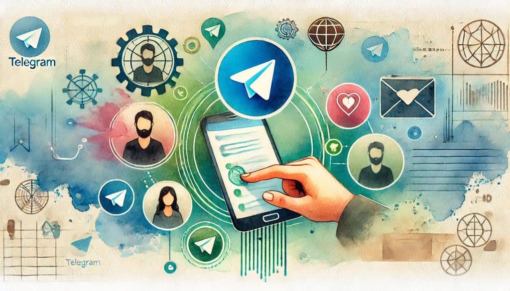 A watercolor illustration of users communicating over Telegram, where each message is securely encrypted, with visual elements that symbolize data protection and privacy.