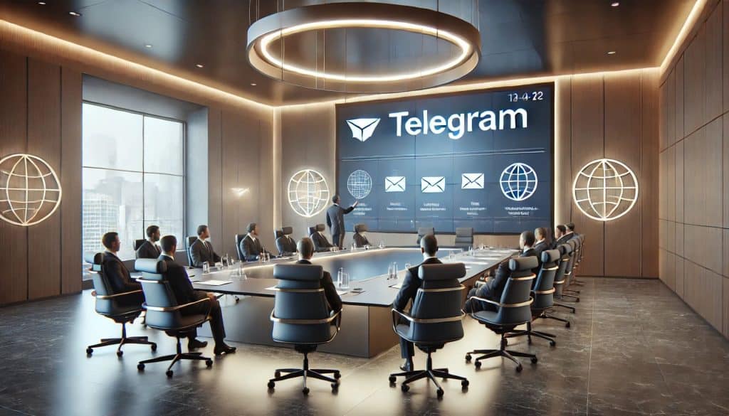 A 3D rendering of a corporate boardroom, where executives discuss strategy via Telegram on an interactive large screen, futuristic design elements, and sophisticated lighting.