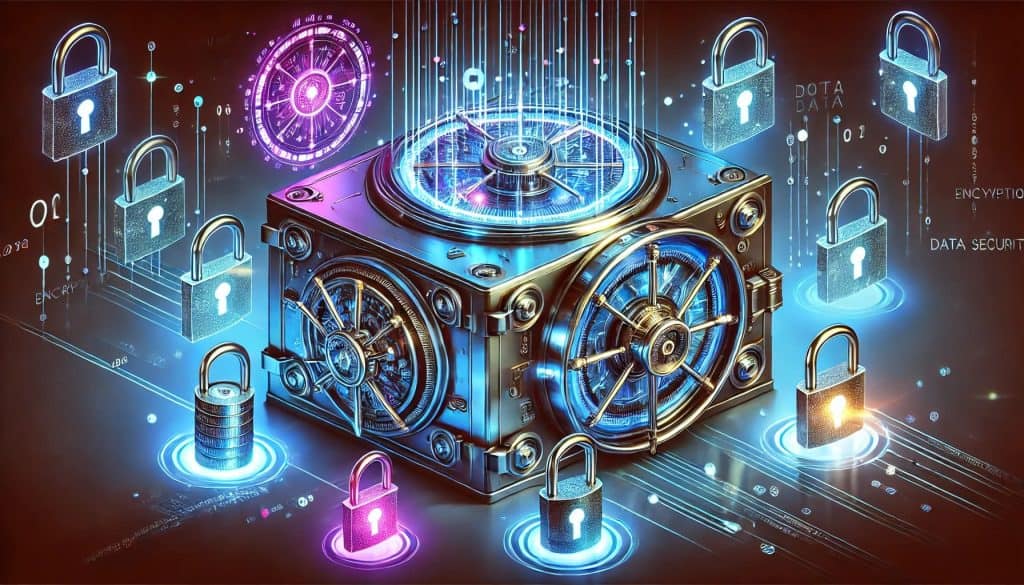 A digital illustration of a secure data vault protected by a holographic lock that represents the tokenization of data security. Encrypted tokens glowing in different colors float around the vault.