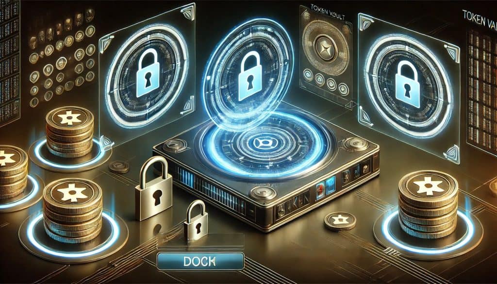 An ultra-modern interface showing a tokenized safe where tokens and their corresponding data are securely stored. Dark background with glowing elements, showing a holographic screen and digital lock.