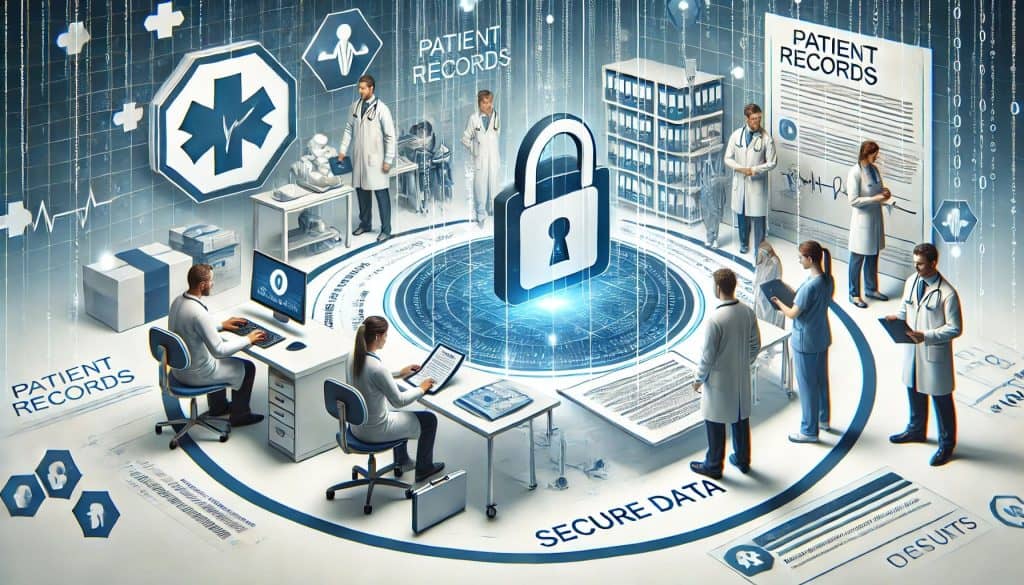 A detailed example of a healthcare system where patient records are tokenized for security. Doctors and nurses access secure data in a hospital environment with modern technology.