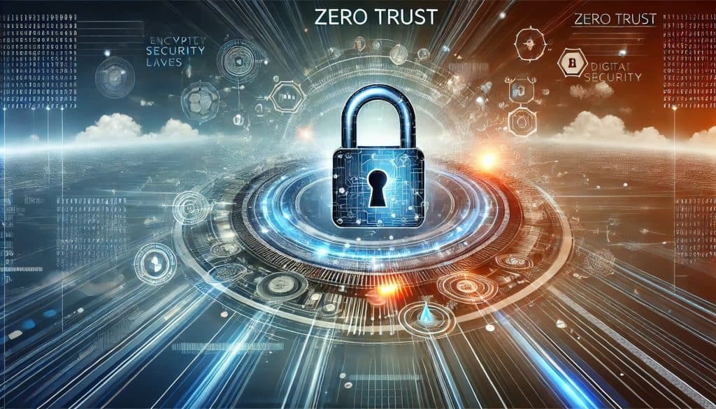 An abstract example of Zero Trust, featuring multiple layers of security, encrypted data flows, and centralized digital locks, set in a futuristic digital environment.